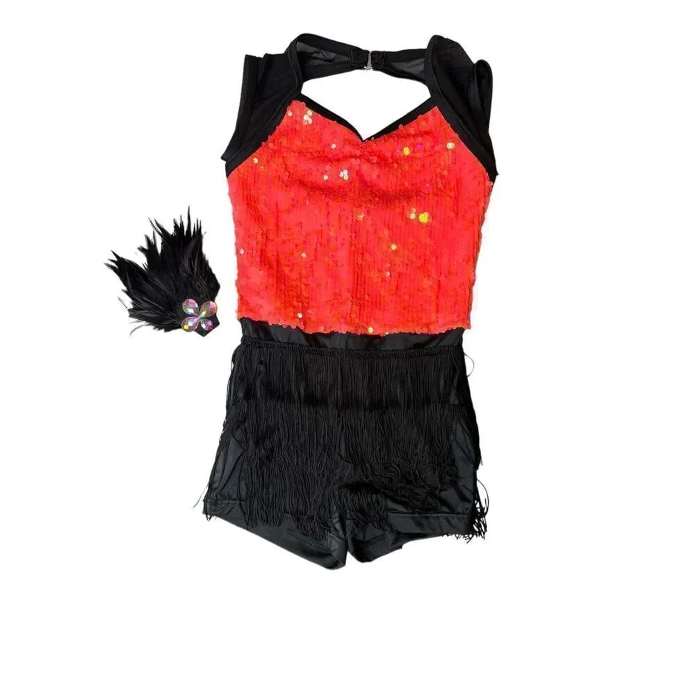 Weissman Costumes Dance Coral Orange Sequin Fringe Flapper Replay 12269 LC